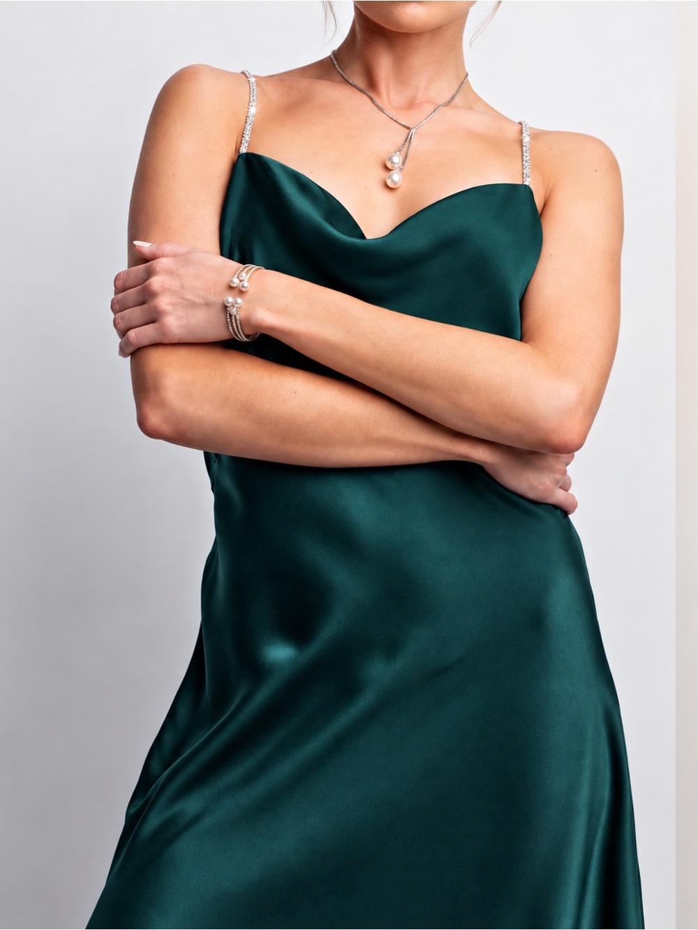 Satin Cowl Neck Slip Dress in Deep Green NWT